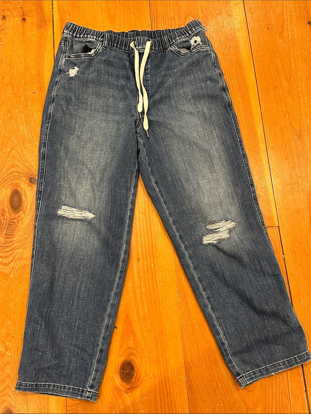 aerie Relaxed Dark Blue Distressed Drawstring Jeans